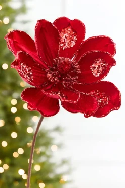 21" x 10" Red Glitter Magnolia Stem