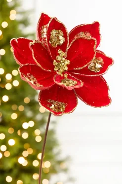 19" x 10" Red & Gold Glitter Magnolia Stem