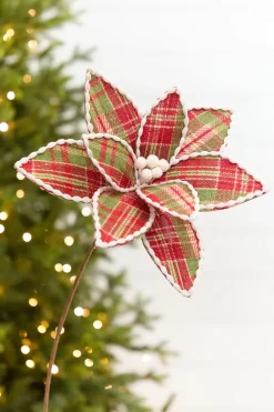 19" x 12" Red & Green Plaid Poinsettia Pick