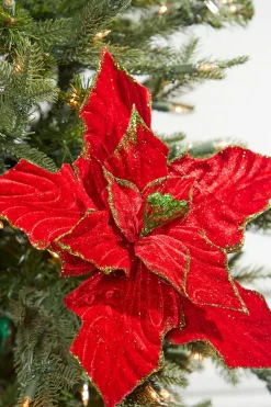 13” x 12" Red & Green Velvet Poinsettia Stem