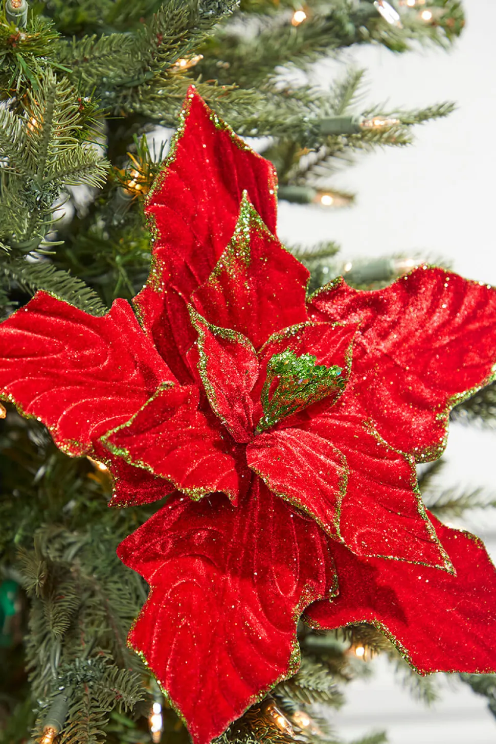13” x 12" Red & Green Velvet Poinsettia Stem