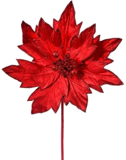 22” x 10.5" Red Metallic Glitter Edge Poinsettia Stem