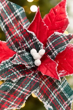 19" x 13" Red Plaid Poinsettia Pick