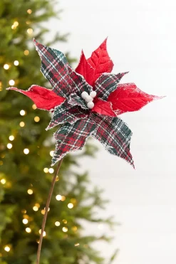 19" x 13" Red Plaid Poinsettia Pick