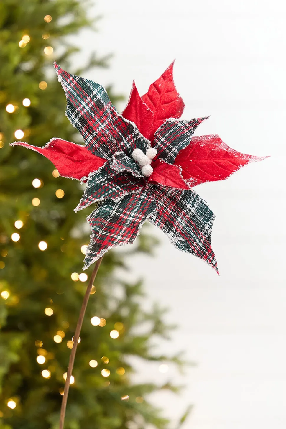 19" x 13" Red Plaid Poinsettia Pick