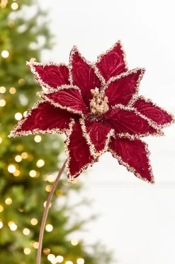 19" x 13" Red & Platinum Velvet Poinsettia Stem