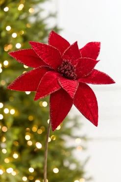 24” x 12" Red Velvet Glitter Edge Jewel Poinsettia Stem