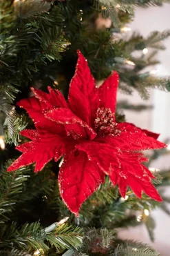 20” x 12" Red Velvet Gold Mix Glitter Poinsettia Stem