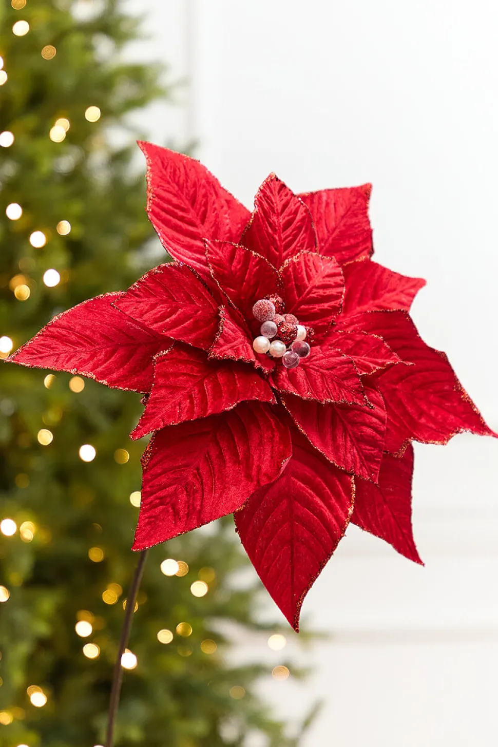 19" x 15" Red Velvet Jewel Poinsettia Stem