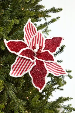 20" x 13" Red & White Striped Glitter Poinsettia Stem