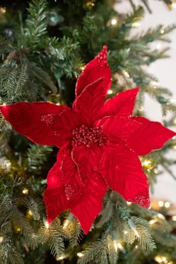 22” x 15" Velvet Glitter Poinsettia Stem - Red