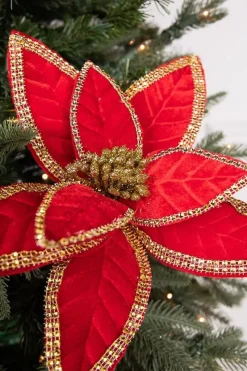 24” x 12" Velvet Jewel Edge Gold Trim Poinsettia Stem