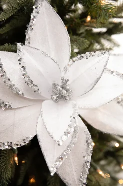 22” x 12" White Velvet Glitter Poinsettia Stem