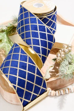 4" x 10 Yard Blue Velvet with Gold Diamond Pattern Ribbon