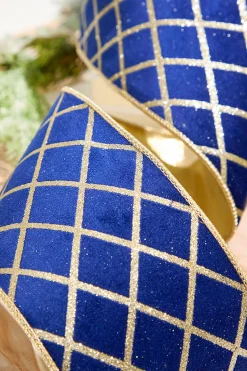 4" x 10 Yard Blue Velvet with Gold Diamond Pattern Ribbon