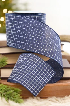 4" x 10 Yard Blue & White Checkered Stitch Ribbon