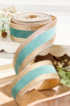 2.5" x 10 Yard Celadon and Rose Gold Striped Ribbon