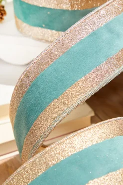 2.5" x 10 Yard Celadon and Rose Gold Striped Ribbon