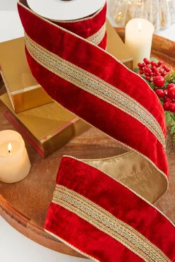 4” x 5 Yard Gold Braid Trim Velvet Gold Back Wired Ribbon - Red/Gold