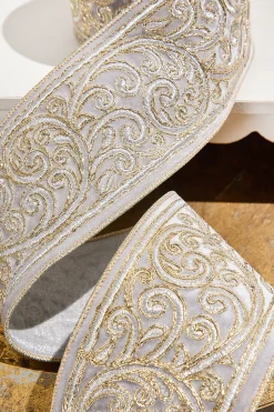 4" x 5 Yard Gold Embroidered Silver Velvet Ribbon