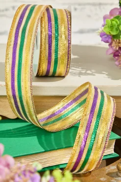 1.5" x 10 Yard Gold Green Purple Striped Ribbon