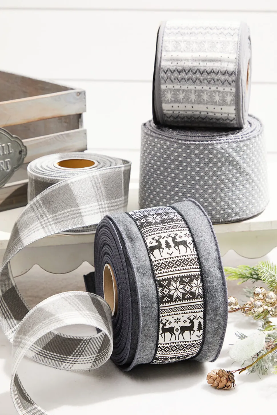 4” x 10 Yard Gray Wool Edge Scandinavian Center Stripe Ribbon