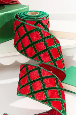 4" x 5 Yard Green Diamond Red Velvet Ribbon