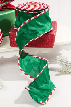 4" x 10 Yard Green Dupioni with Red & White Piping Ribbon