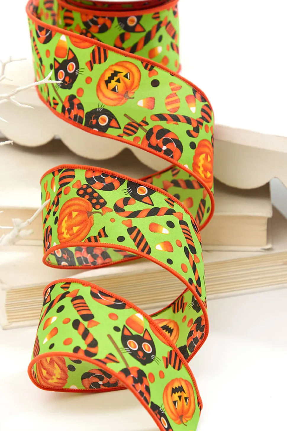 2.5" x 10 Yard Green & Orange Pumpkin, Cat & Candy Halloween Ribbon