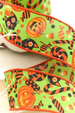 2.5" x 10 Yard Green & Orange Pumpkin, Cat & Candy Halloween Ribbon