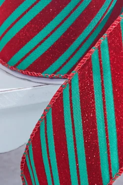 2.5" x 10 Yard Green With Red Glitter Diagonal Stripe Wired Ribbon