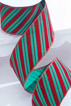 2.5" x 10 Yard Green With Red Glitter Diagonal Stripe Wired Ribbon