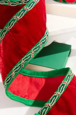 4" x 5 Yard Holly Leaves Edged Red Velvet Ribbon