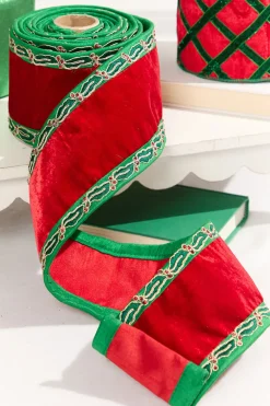 4" x 5 Yard Holly Leaves Edged Red Velvet Ribbon