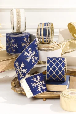 4" x 10 Yard Navy Velvet with Gold Snowflake Ribbon