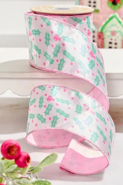 4" x 10 Yard Pink Holly Leaf Ribbon
