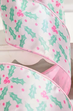 4" x 10 Yard Pink Holly Leaf Ribbon