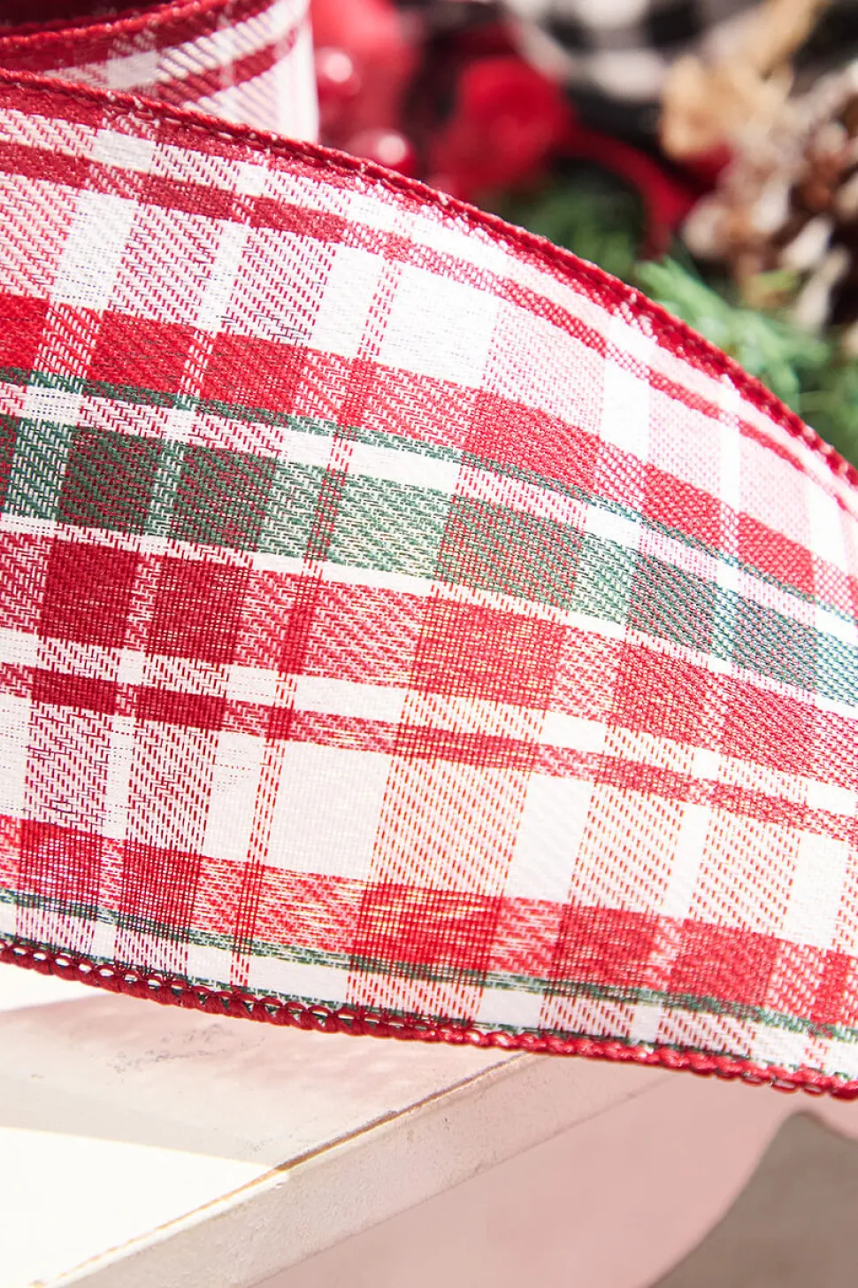 4”x 10 Yard Red/Black/White Plaid Ribbon