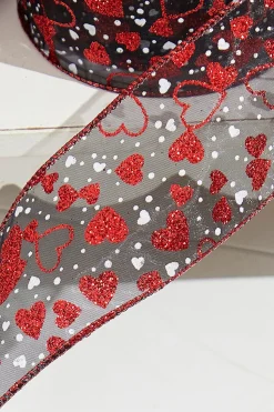 2.5" x 10 Yard Red Glitter Heart Sheer Black Ribbon