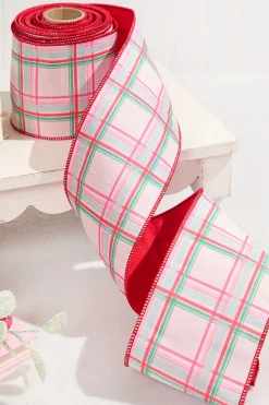 4" x 10 Yard Red/Green/Pink on White Plaid Ribbon