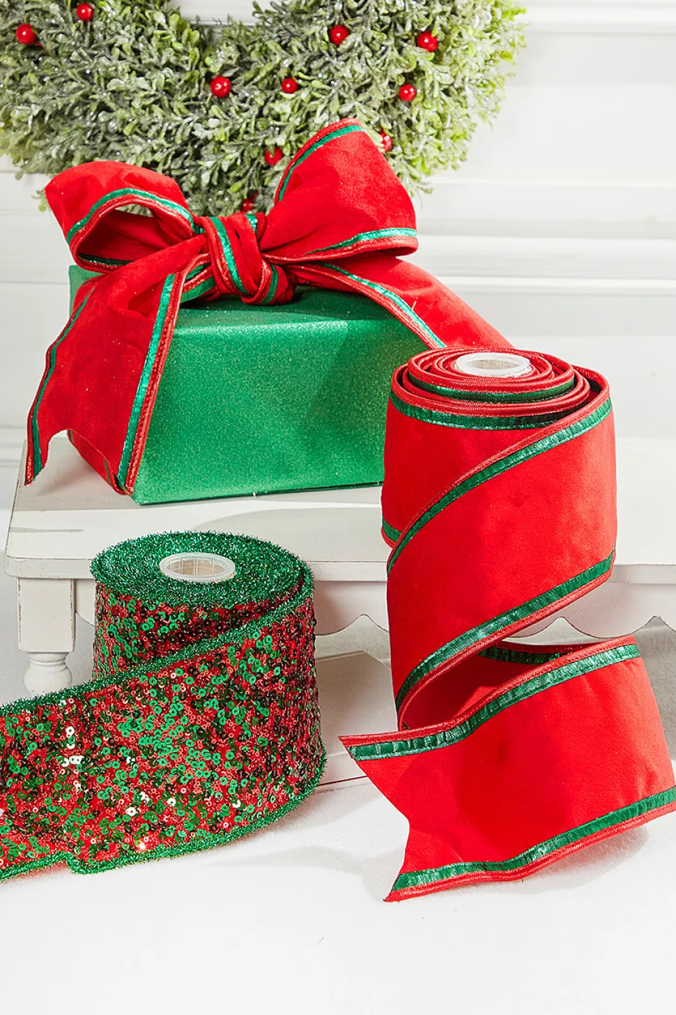 4” x 5 Yard Red & Green Piping Velvet Metallic Dupion Ribbon