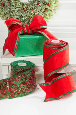 4" x 5 Yard Red/Green Sequin Dupioni Ribbon
