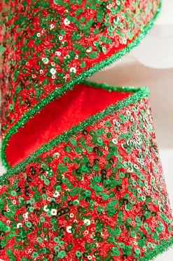 4" x 5 Yard Red/Green Sequin Dupioni Ribbon