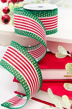 2.5" x 10 Yard Red & Green Stripes with Polka Dots Ribbon