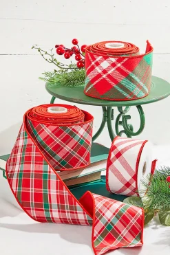 4" x 10 Yard Red/Green/White Holiday Plaid Dupioni Ribbon
