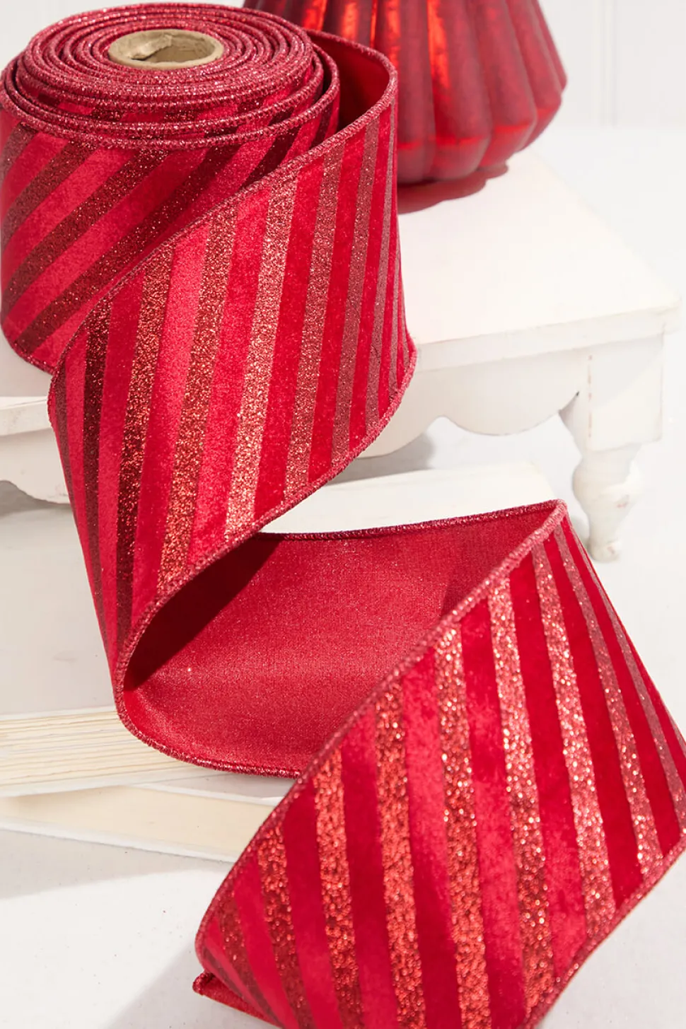 4" x 10 Yard Red Velvet with Red Glitter Stripe Ribbon