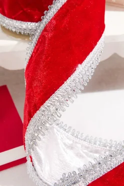 4" x 5 Yard Red Velvet with Silver Jewel Trim Ribbon