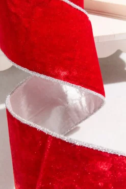 4" x 10 Yard Red Velvet with Silver Tinsel Edge Ribbon