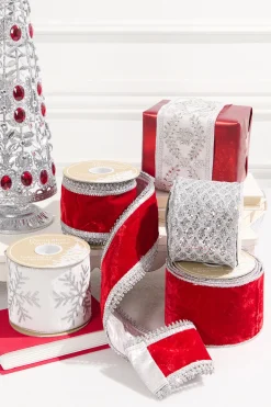 4" x 10 Yard Red Velvet with Silver Tinsel Edge Ribbon
