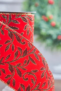4" x 10 Yard Red Velvet With Vine Wired Ribbon